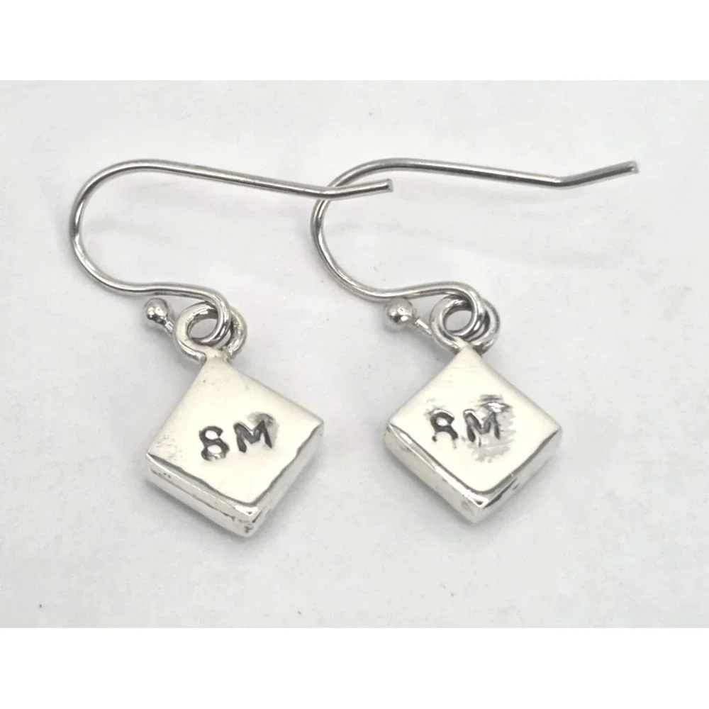 Fire Opal Earrings Dangles Sterling Silver Inlays Handmade Squares Signed SM NEW